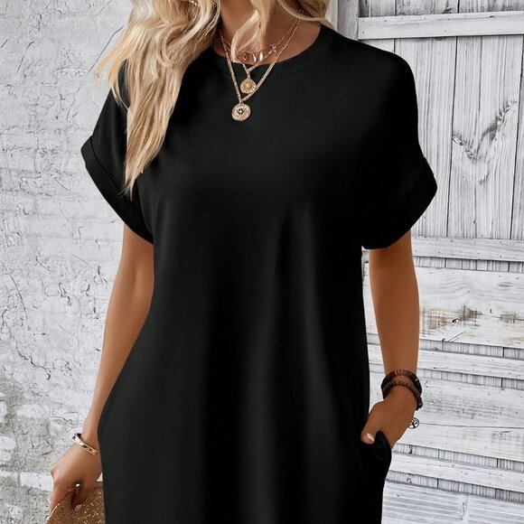 Black Boho Womens  Solid Batwing Sleeve Hidden Pocket Tee Dress - Picture 1 of 5